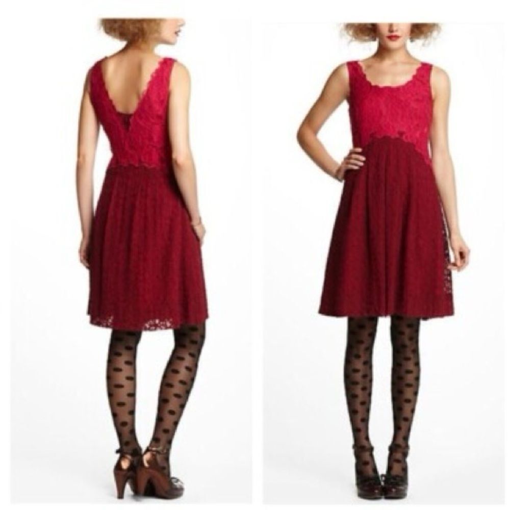 Anthropologie Moulinette Soeurs Carmindy Two Tone Burgundy Lace Dress - Size 8